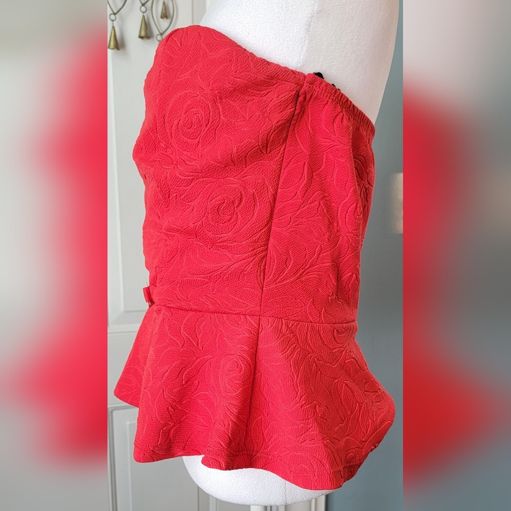 Y2K Strapless Peplum Top w/ Gold Wa Accent Womens 1X Red Embossed Rose By Blush - Picture 2 of 10